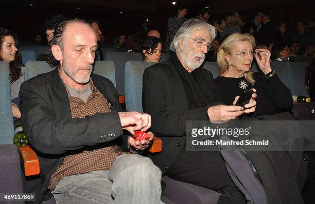 Karl Markovics, Michael Haneke and Susi Haneke attend the Austrian premiere of 'Das Finstere Tal' at Gartenbau cinema on February 11, 2014 in Vienna,...