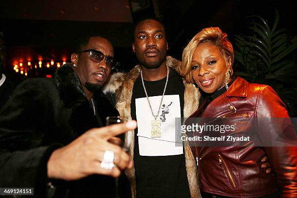 Sean "Diddy" Combs, Mary J Blige and Meek Mill attend the Time Warner Cable Studios After Party at No. 8 on February 1, 2014 in New York City.