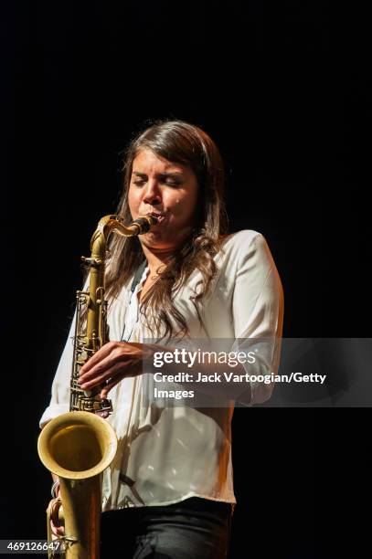 Chilean Jazz musician Melissa Aldana plays tenor saxophone as she leads her group, Crash Trio, during a 'Monk-in-Motion: The Next Face of Jazz...