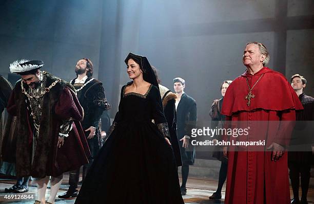 Nathaniel Parker, Lydia Leonard, Nicholas Day and cast perform at the "Wolf Hall" Opening Night curtain call at Winter Garden Theatre on April 9,...