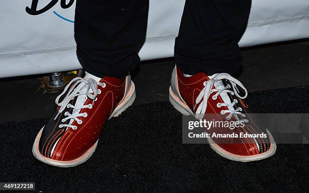 Television personality Brody Jenner, shoe detail, arrives at the Bowlero Mar Vista celebrity grand opening at Bowlero on April 9, 2015 in Mar Vista,...