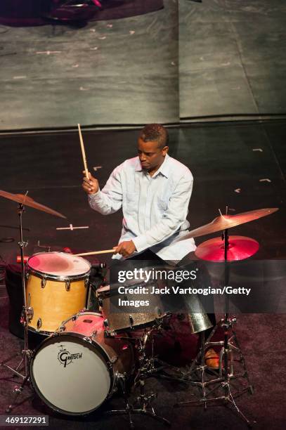 Cuban Jazz musician Francisco Mela plays drums during a performance with Melissa Aldana's Crash Trio at a 'Monk-in-Motion: The Next Face of Jazz...