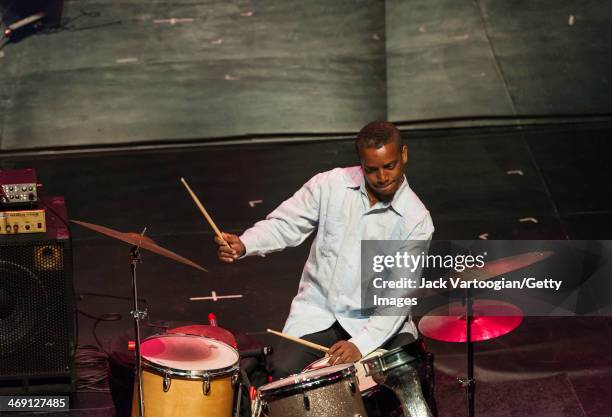 Cuban Jazz musician Francisco Mela plays drums during a performance with Melissa Aldana's Crash Trio at a 'Monk-in-Motion: The Next Face of Jazz...