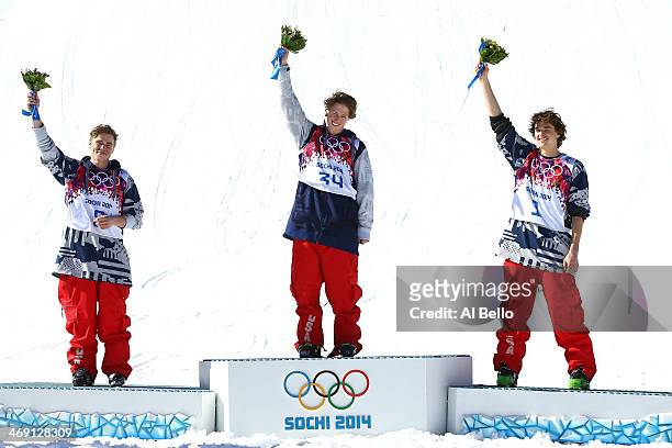 Silver medalist Gus Kenworthy of the United States, gold medalist Joss Christensen of the United States and bronze medalist Nicholas Goepper of the...
