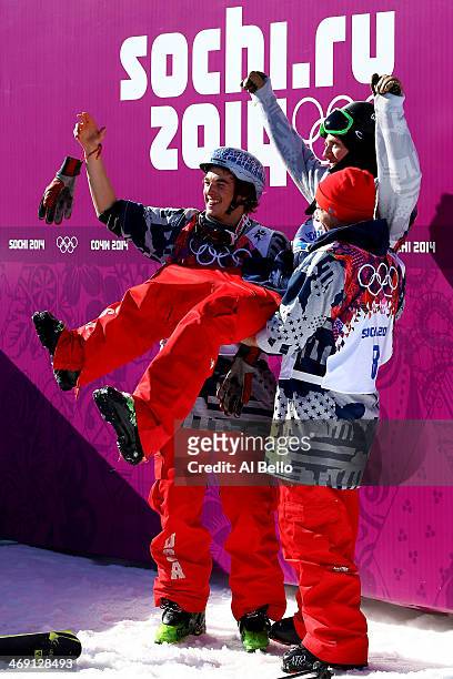 Bronze medalist Nicholas Goepper of the United States, gold medalist Joss Christensen of the United States and silver medalist Gus Kenworthy of the...