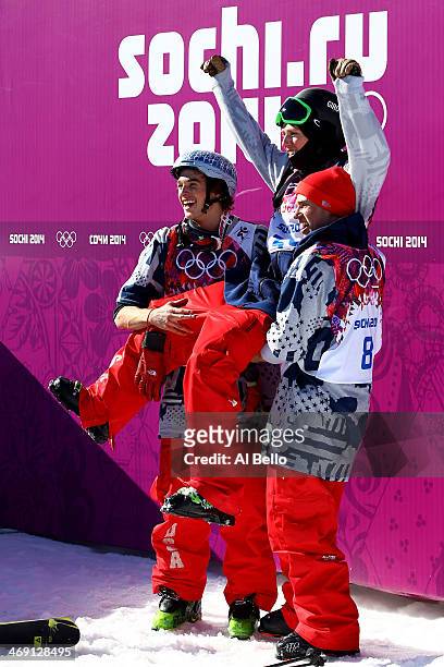 Bronze medalist Nicholas Goepper of the United States, gold medalist Joss Christensen of the United States and silver medalist Gus Kenworthy of the...