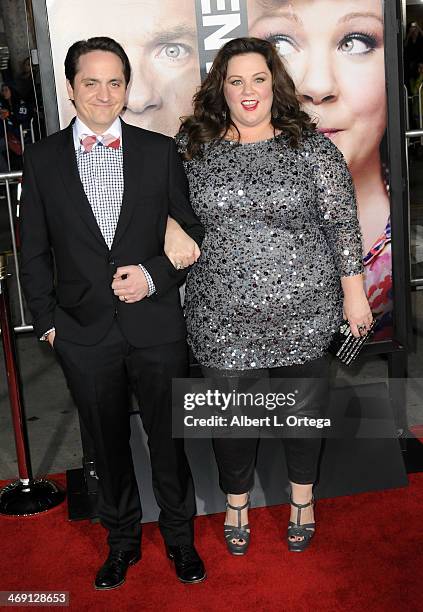 Actor Ben Falcone and actress Melissa McCarthy arrive for the Premiere Of Universal Pictures' "Identity Thief" held at Mann Village Theater on...