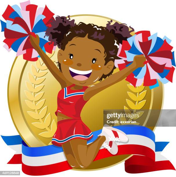 cheerleader jumping in front of golden medal - pep rally stock illustrations