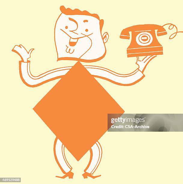 stockillustraties, clipart, cartoons en iconen met man with diamond body holding up rotary telephone - rotary phone