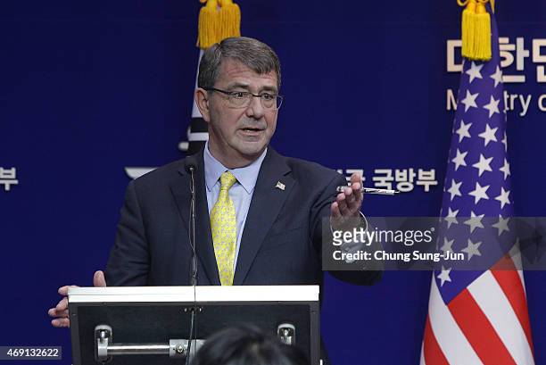Secretary Of Defense Ashton Carter attends the joint press conference with South Korean Defense Minister Han Min-Koo on April 10, 2015 in Seoul,...