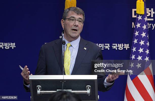 Secretary Of Defense Ashton Carter attends the joint press conference with South Korean Defense Minister Han Min-Koo on April 10, 2015 in Seoul,...