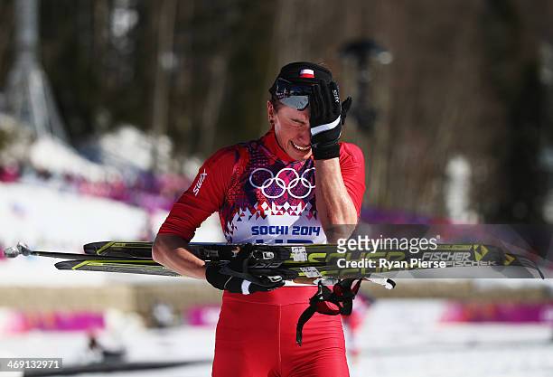Justyna Kowalczyk of Poland reacts after crossing the finish line during the Ladies' 10km Classic Cross-Country during day six of the Sochi 2014...