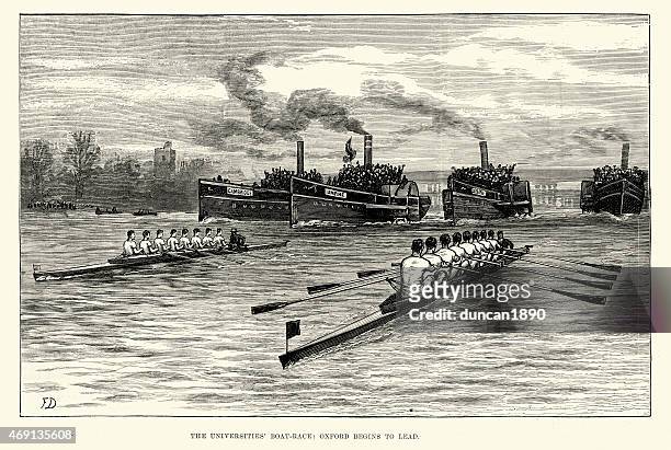 university boat race oxford vs cambridge 1882 - cambridge england stock illustrations