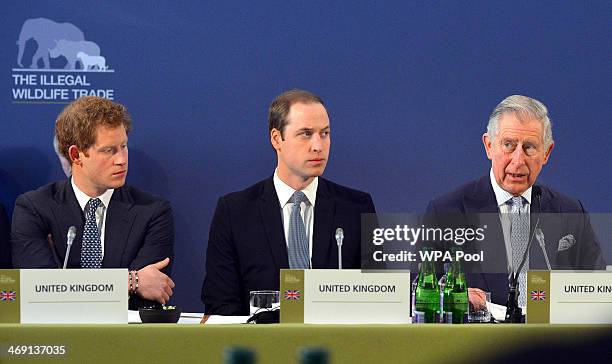 Prince Harry and Prince William, Duke of Cambridge listen as their father Prince Charles, Prince of Wales gives a speech at the Illegal Wildlife...