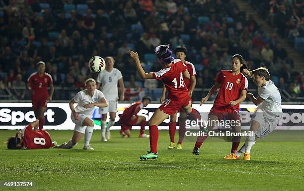 Fran Kirby of England shoots at goal during the Women's Friendly International match between England and China at the Manchester City Academy Stadium...