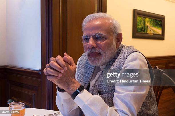 Prime Minister Narendra Modi speaks during an exclusive interview with Hindustan Times, a day before his three-nation tour, at HT Media office on...