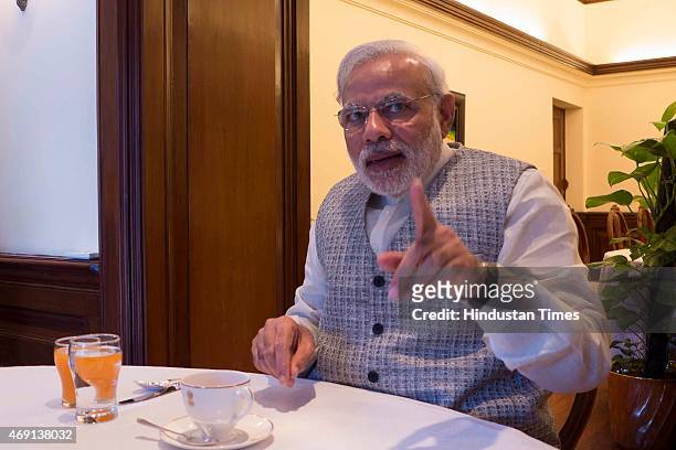 Prime Minister Narendra Modi speaks during an exclusive interview with Hindustan Times, a day before his three-nation tour, at HT Media office on...