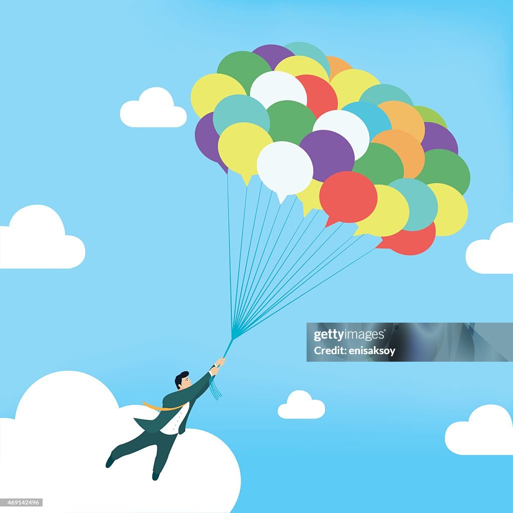 Businessman is flying with speech bubbles