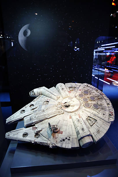 Model of the Millenium Falcon starship from the Star Wars film series is displayed during the presentation of the exhibition "Star Wars Identities"...