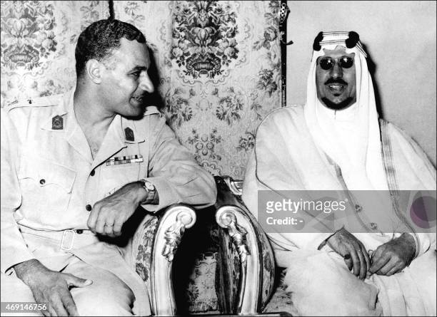 Saudi Arabia King Saud ibn Abd al-Aziz and Egyptian president Gamal Abdel Nasser confer in March 1956 at Kubbeh Palace in Cairo during Syria-Saudi...