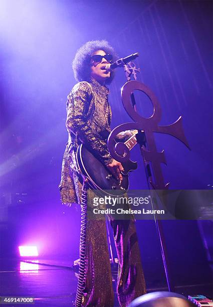 Prince performs onstage during the "HitnRun" tour at The Fox Theatre on April 9, 2015 in Detroit, Michigan.