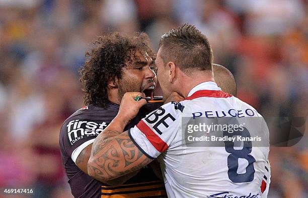 Sam Thaiday of the Broncos and Jared Waerea-Hargreaves of the Roosters face off during the round six NRL match between the Brisbane Broncos and the...