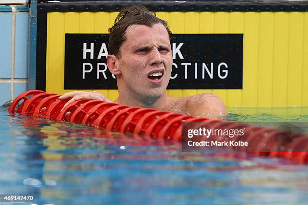 Thomas Fraser-Holmes reacts after victory in Men's 400 Metre Individual Medley during day eight of the Australian National Swimming Championships at...