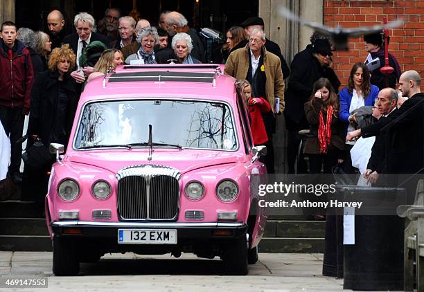 Pink hearse carrying the coffin of actor Roger Lloyd-Pack leaves St Paul's Church in Covent Garden after his funeral service on February 13, 2014 in...