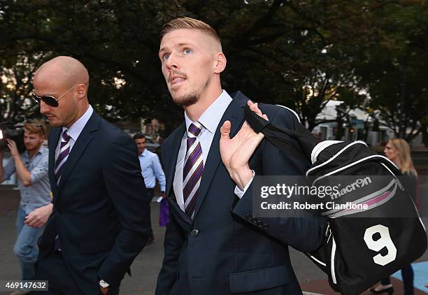 Andy Keogh of the Perth Glory arrives prior to the round 25 A-League match between the Perth Glory and Sydney FC at nib Stadium on April 10, 2015 in...