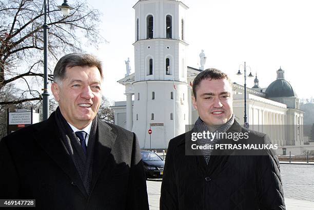 Lithuanian Prime Minister Algirdas Butkevicius and Estonian Prime Minister Taavi Roivas arrive to attend the opening session of the Baltic Council of...