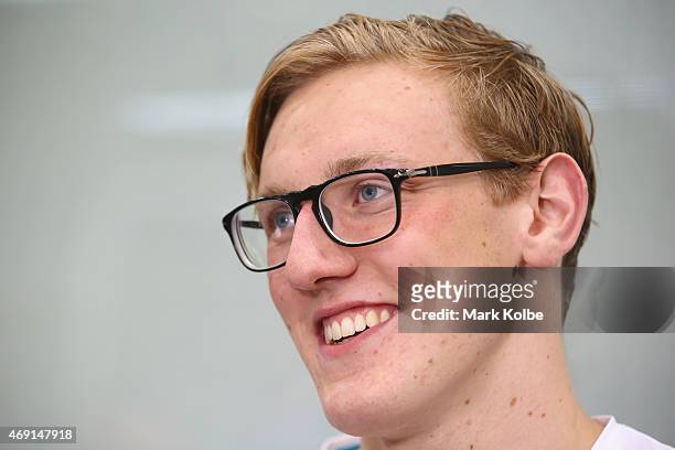 Mack Horton speaks to the media about his victory in the Men's 1500 metre Freestyle Final during day eight of the Australian National Swimming...