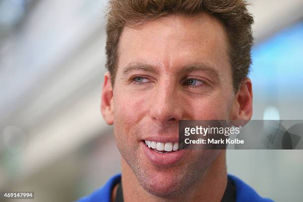 Grant Hackett speaks to the media on pool deck during day eight of the Australian National Swimming Championships at Sydney Olympic Park Aquatic...