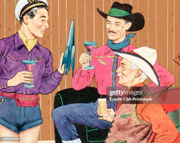 three men drinking cocktails - leaving work stock illustrations