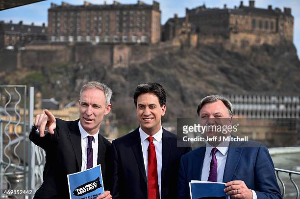 Scottish Labour Leader Jim Murphy, Labour Leader Ed Miliband and Shadow Chancellor Ed Balls hold a joint press conference on April 10, 2015 in...