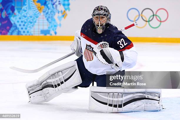 Jonathan Quick of United States looks on against Slovakia during the Men's Ice Hockey Preliminary Round Group A game on day six of the Sochi 2014...