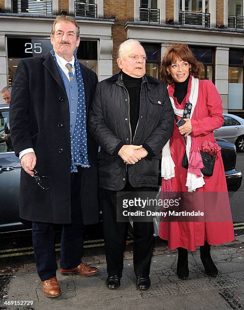 John Challis, Sir David Jason and Sue Holderness attends the funeral of actor Roger Lloyd-Pack at St Paul's Church on February 13, 2014 in London,...