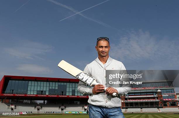 Alviro Petersen poses during the Lancashire CCC Photocall at Old Trafford on April 10, 2015 in Manchester, England.