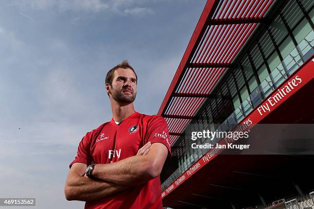 Tom Smith poses during the Lancashire CCC Photocall at Old Trafford on April 10, 2015 in Manchester, England.