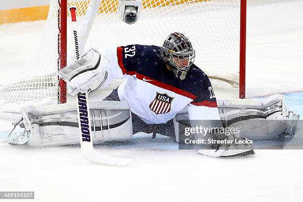 Jonathan Quick of United States saves a goal against Slovakia during the Men's Ice Hockey Preliminary Round Group A game on day six of the Sochi 2014...