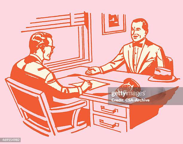 a job interview going on in a red and pink color tone - welcome desk stock illustrations