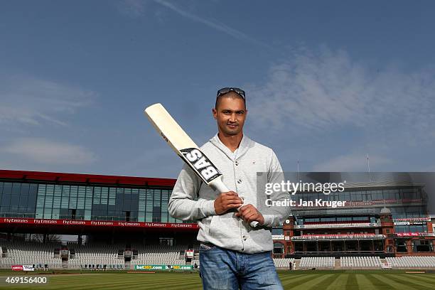 Alviro Petersen poses during the Lancashire CCC Photocall at Old Trafford on April 10, 2015 in Manchester, England.