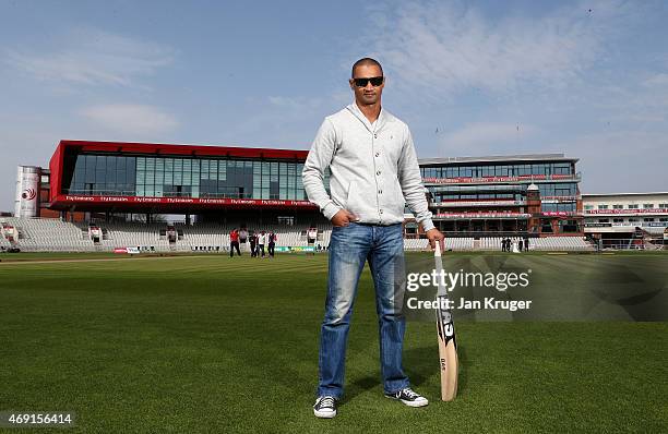 Alviro Petersen poses during the Lancashire CCC Photocall at Old Trafford on April 10, 2015 in Manchester, England.