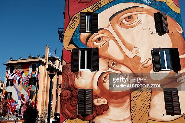 Picture shows a mural entitled "Santa Maria di Shangai" by Italian artist MR Klevra on April 9, 2015 in the Tor Marancia district of Rome. The mural...
