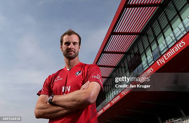 Tom Smith poses during the Lancashire CCC Photocall at Old Trafford on April 10, 2015 in Manchester, England.