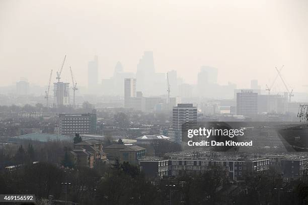 The City of London covered in smog seen from Hampstead Heath on April 10, 2015 in London, England. Air pollution and smog has blanketed much of...