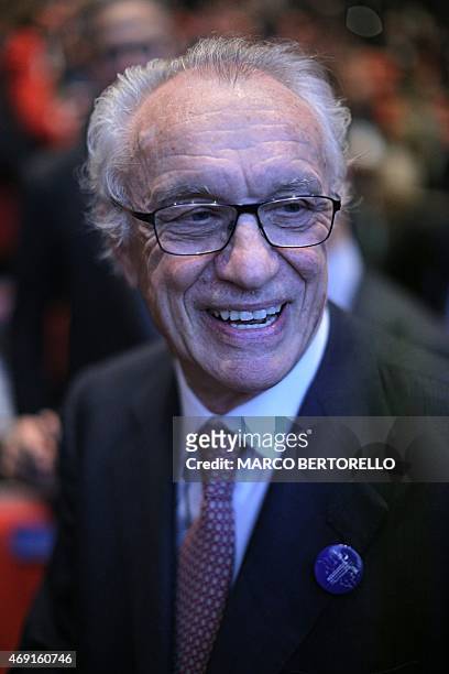 Giovanni Bazoli chairman of Intesa Sanpaolo looks on during the inauguration of the Intesa Sanpaolo tower, head office of the bank, on April 10, 2015...