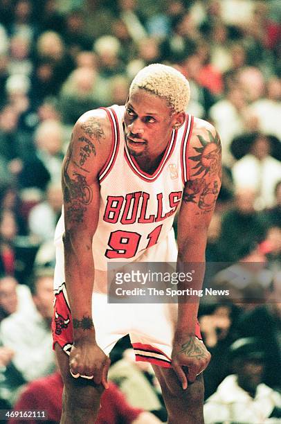 Dennis Rodman of the Chicago Bulls during the game against the Atlanta Hawks on May 13, 1997 at The Omni Coliseum in Atlanta, Georgia.