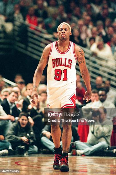 Dennis Rodman of the Chicago Bulls during the game against the Atlanta Hawks on May 13, 1997 at The Omni Coliseum in Atlanta, Georgia.