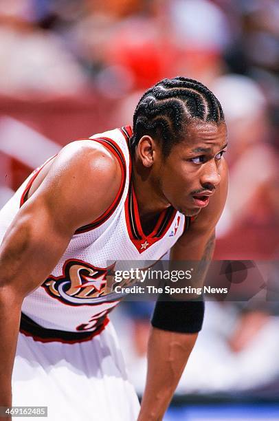 Allen Iverson of the Philadelphia 76ers during the game against the Charlotte Hornets on April 8, 1998 at CoreStates Center in Philadelphia,...