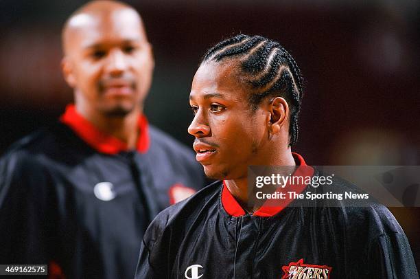 Allen Iverson of the Philadelphia 76ers during the game against the Charlotte Hornets on April 8, 1998 at CoreStates Center in Philadelphia,...